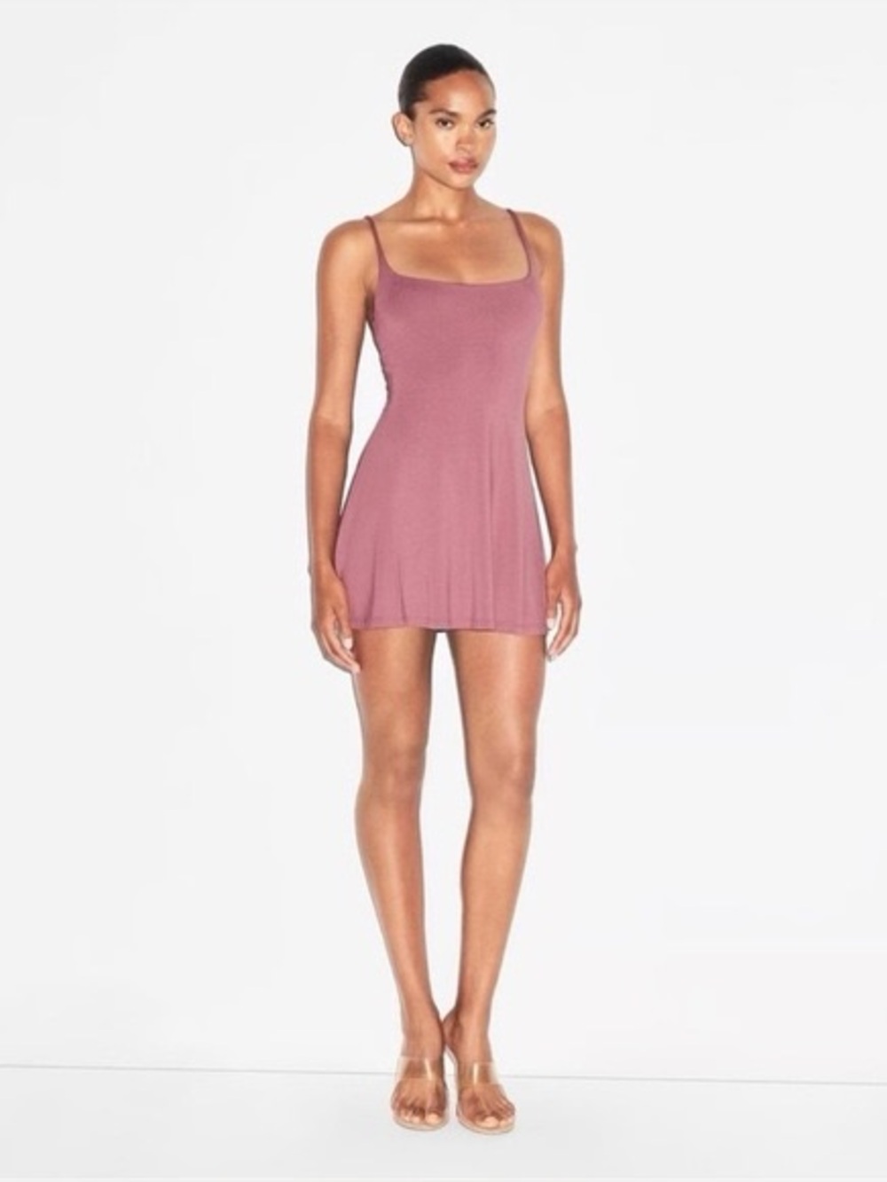 Skims Smooth Layers Scoop Neck Mini Dress in Redwood Mauve